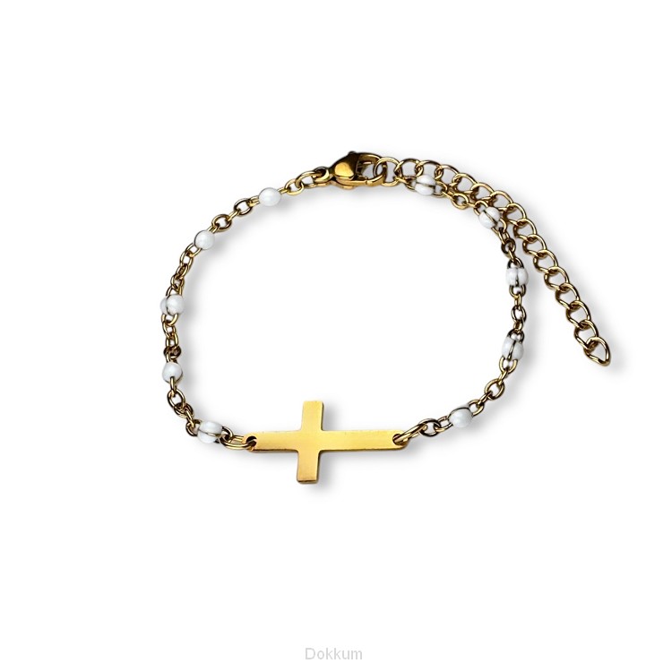 Armband kruisje kralen S wit goud